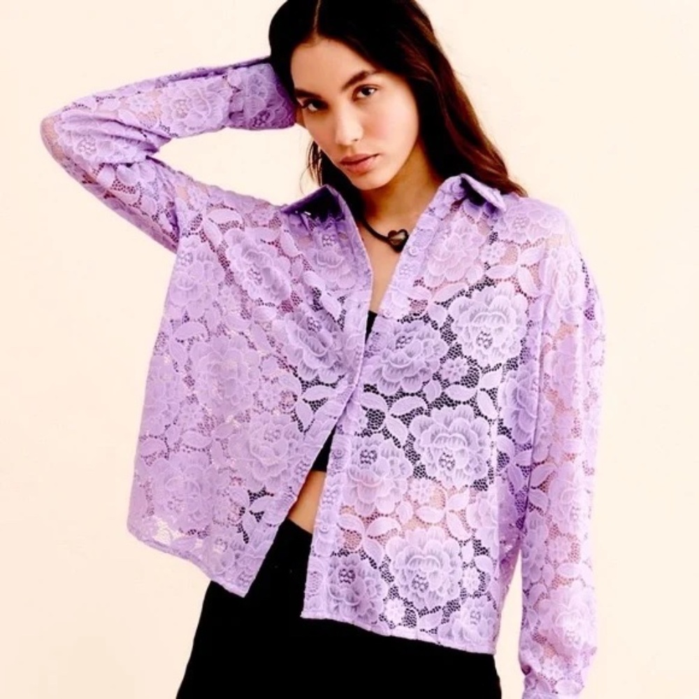 Hutch Lilac Purple Floral Lace Cottage Core Buttondown Top M